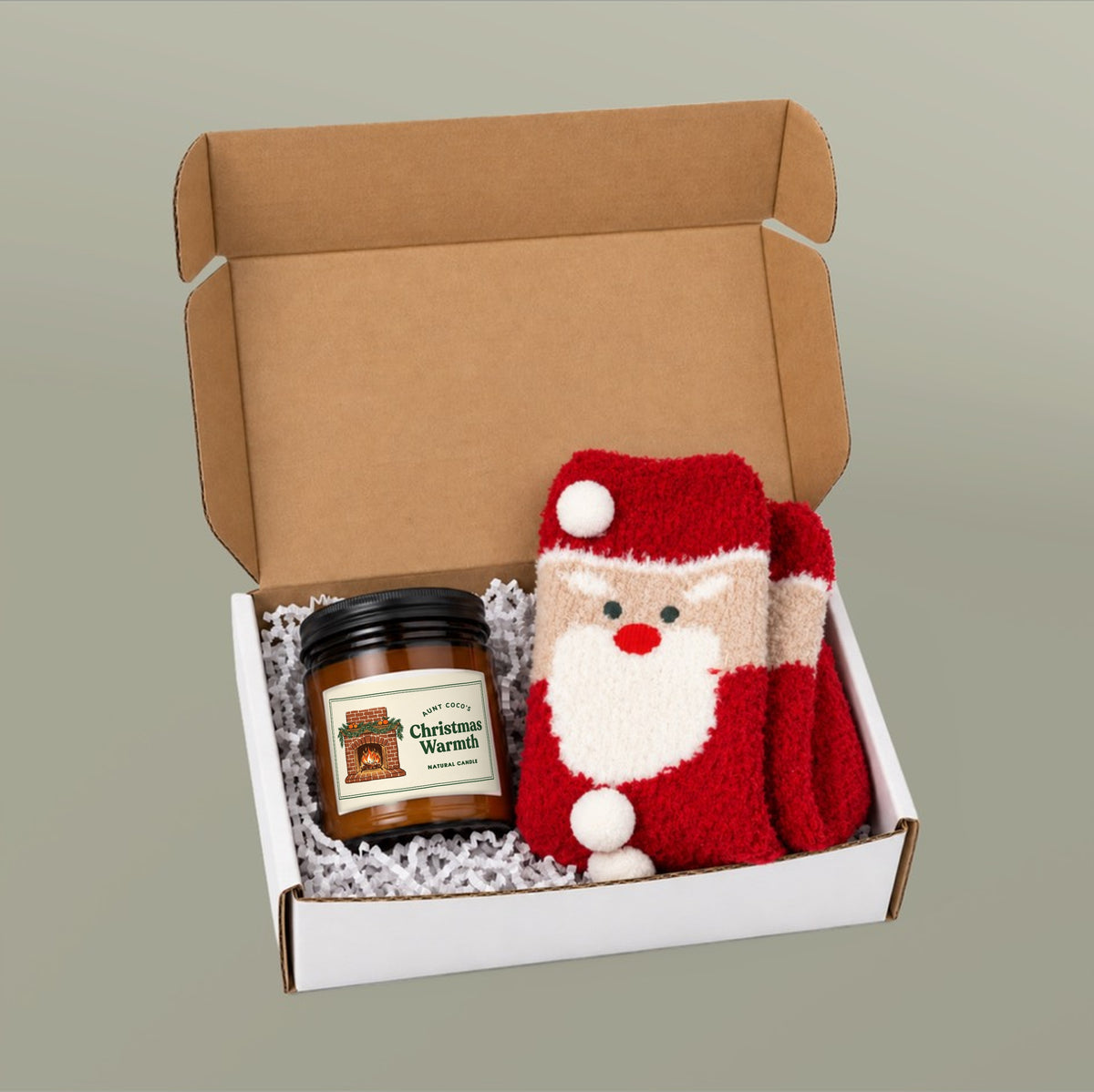 Glass Candle & Fluffy Santa Socks Gift Set