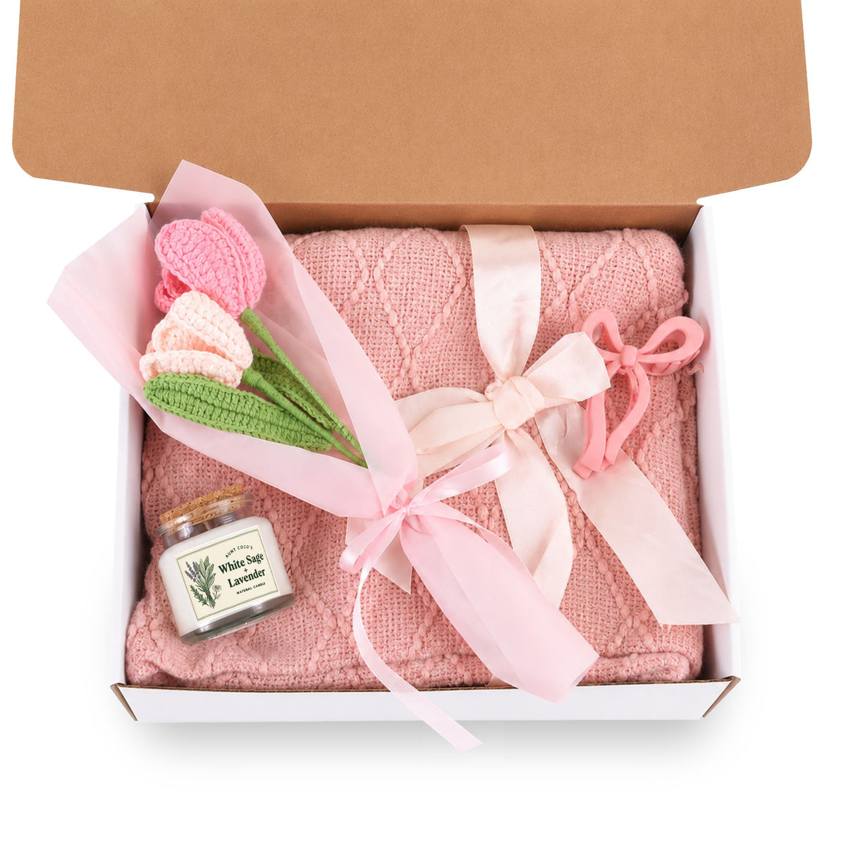 4-Piece Blush & Bloom Gift Set (Blanket & Crochet Bouquet, Bow Clip, White Sage & Lavender candle)